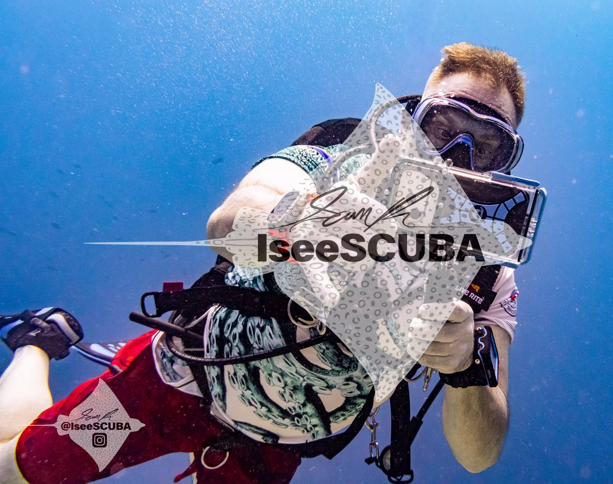 Diver holding an underwater camera toward the viewer.