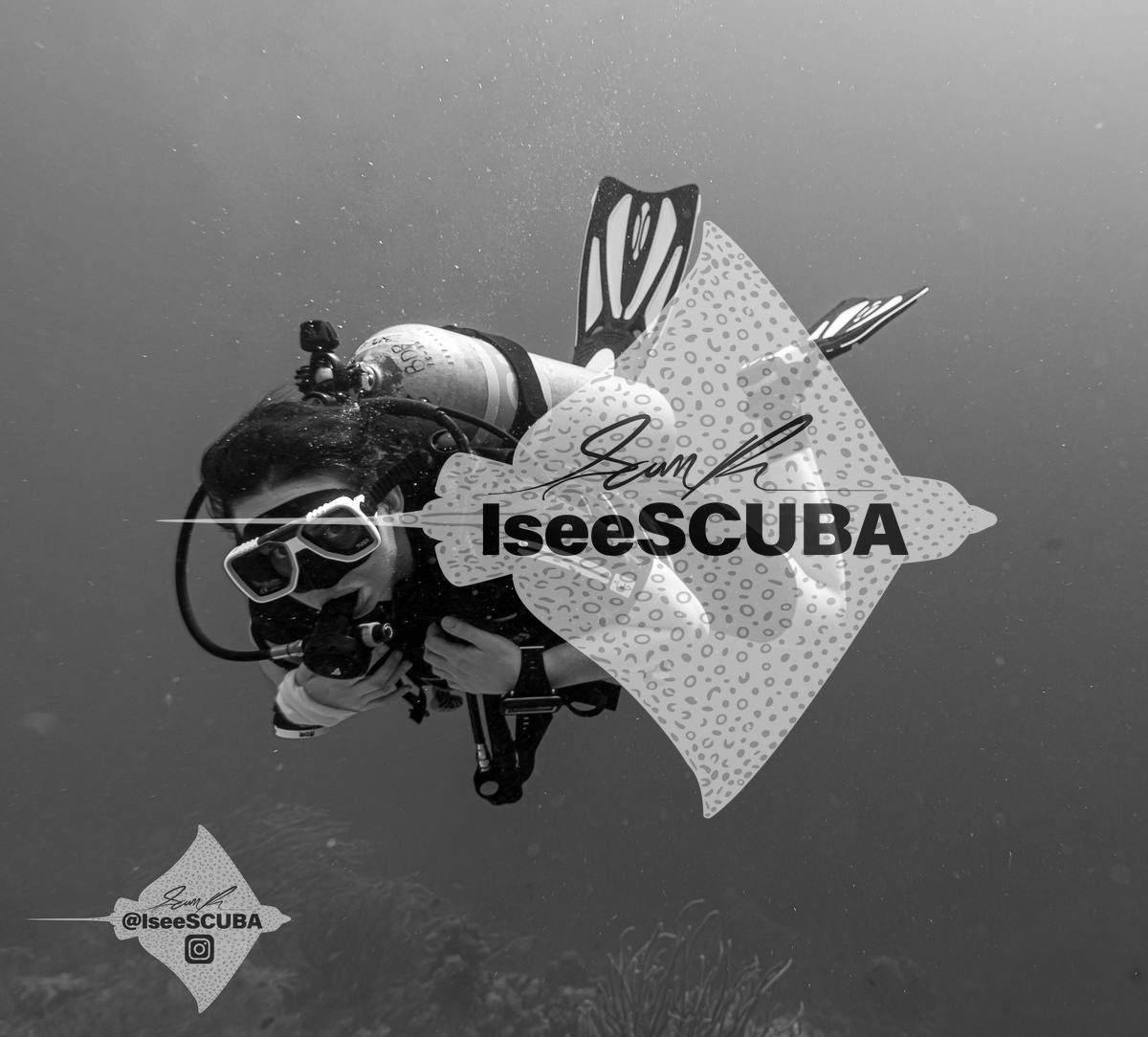 Black-and-white view of a diver swimming with fins raised.