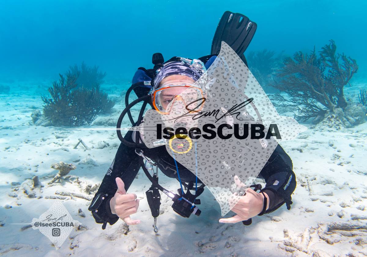 Diver with an orange mask making hand gestures above the sand.